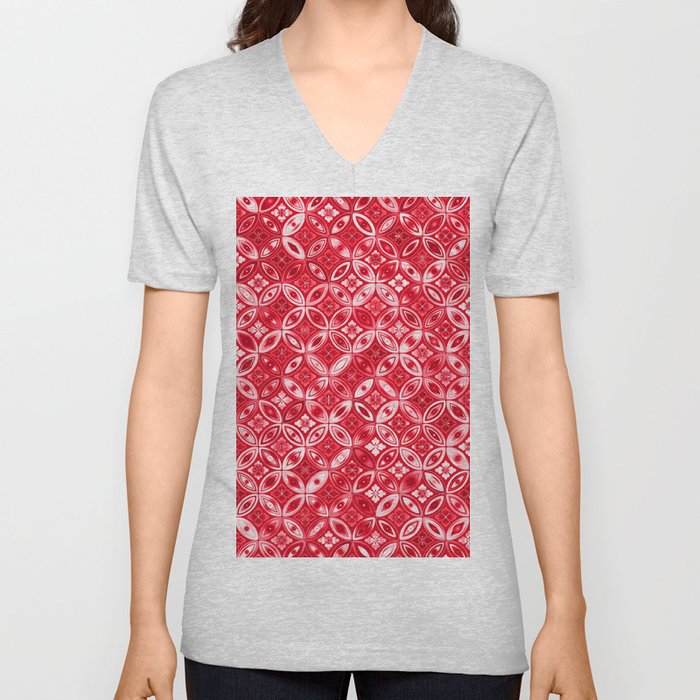 RED Ornate Prismatic Background. V Neck T Shirt