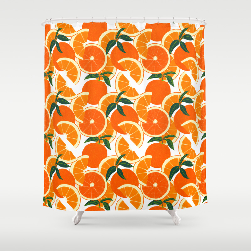 orange and white shower curtain