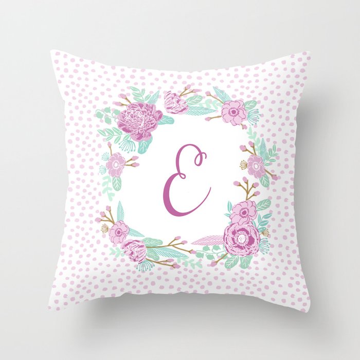 Monogram E - cute girls purple florals flower wreath, lilac florals, baby girl, baby blanket Throw Pillow