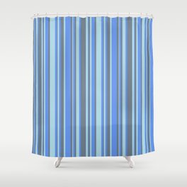 [ Thumbnail: Cornflower Blue, Light Blue, and Slate Gray Colored Striped Pattern Shower Curtain ]