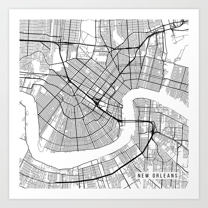 New Orleans Map, Usa - Black And White Art Print By Main Street Maps |  Society6