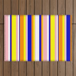 [ Thumbnail: Eye-catching Dark Orange, Blue, White, Light Pink, and Yellow Colored Stripes Pattern Outdoor Rug ]