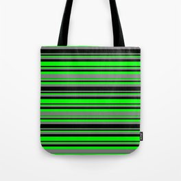 [ Thumbnail: Lime, Gray, and Black Colored Striped/Lined Pattern Tote Bag ]