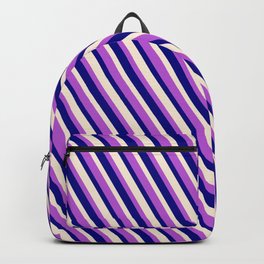 [ Thumbnail: Orchid, Blue & Beige Colored Striped Pattern Backpack ]