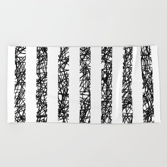 Scribble Bars - Abstract, stripy, stripey, black ink scribbles pattern, black and white Beach Towel