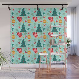 Christmas Pattern Turquoise Tree Gloves Wall Mural