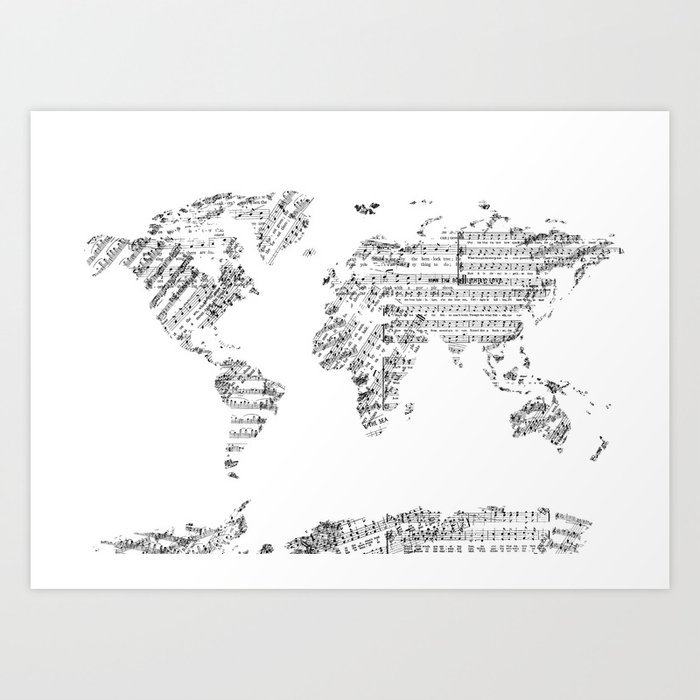 World map music vintage white art print World map music vintage white art print