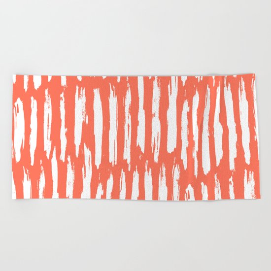 Vertical Dash White on Deep Coral Beach Towel