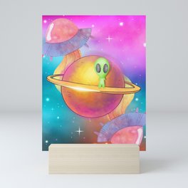 Small Watercolor Alien On Watercolor Saturn Mini Art Print