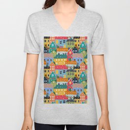 Bold city houses illustration, snowing in the town V Neck T Shirt