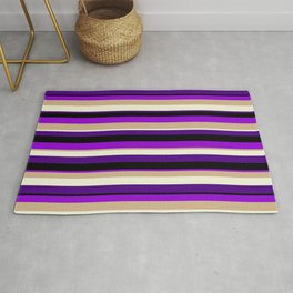 [ Thumbnail: Colorful Black, Dark Violet, Tan, Beige, and Indigo Colored Lined/Striped Pattern Rug ]