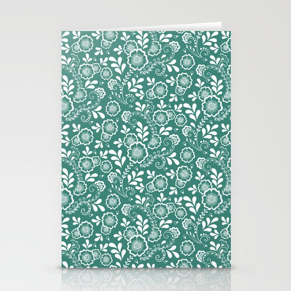 Green Blue And White Eastern Floral Pattern Stationery Cards