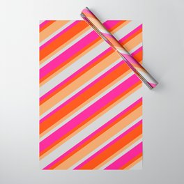 [ Thumbnail: Deep Pink, Red, Brown & Light Grey Colored Stripes Pattern Wrapping Paper ]