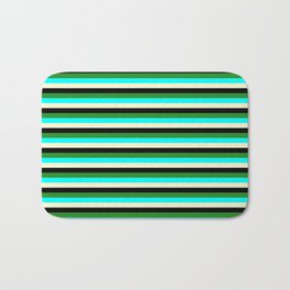 [ Thumbnail: Forest Green, Aqua, Light Yellow, and Black Colored Lined/Striped Pattern Bath Mat ]