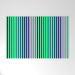 [ Thumbnail: Midnight Blue, Green, and Grey Colored Stripes/Lines Pattern Welcome Mat ]