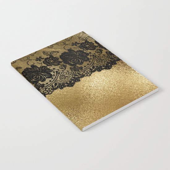 Black luxury lace on gold glitter effect metal- Elegant design on #Society6 Notebook