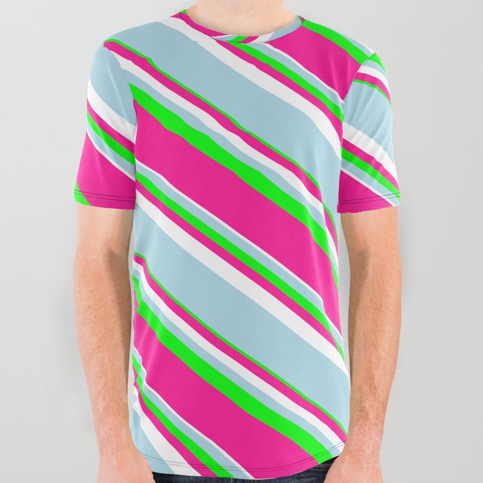 Lime, Deep Pink, White & Light Blue Colored Pattern of Stripes All Over Graphic Tee