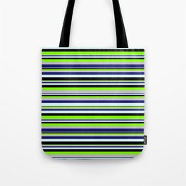 [ Thumbnail: Vibrant Chartreuse, Grey, Midnight Blue, Light Cyan & Black Colored Lined/Striped Pattern Tote Bag ]