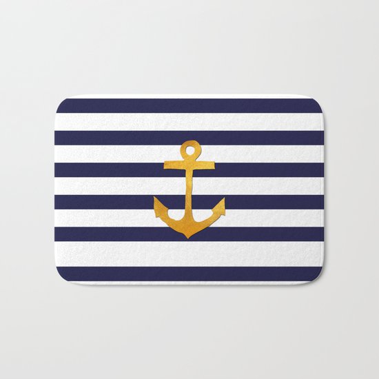 Marine pattern- blue white striped with golden anchor Bath Mat