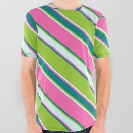 [ Thumbnail: Hot Pink, Teal, Green, and Light Cyan Colored Stripes/Lines Pattern All Over Graphic Tee ]