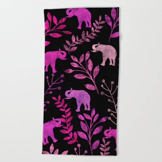 Watercolor Flowers & Elephants III Beach Towel