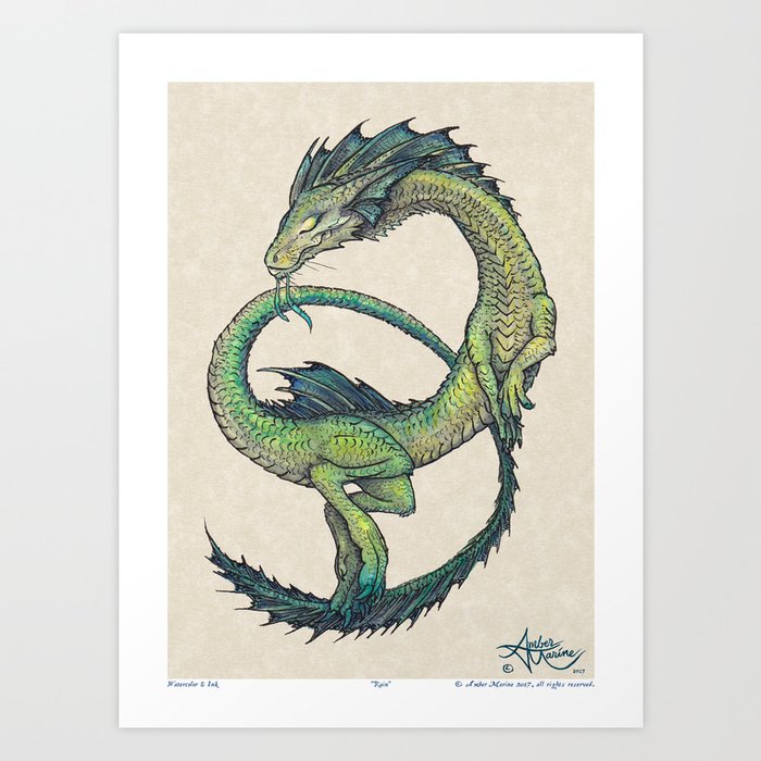 Rain Dragon by Amber Marine ~ Watercolor & Ink dragon/serpent art, (Copyright 2017) Art Print