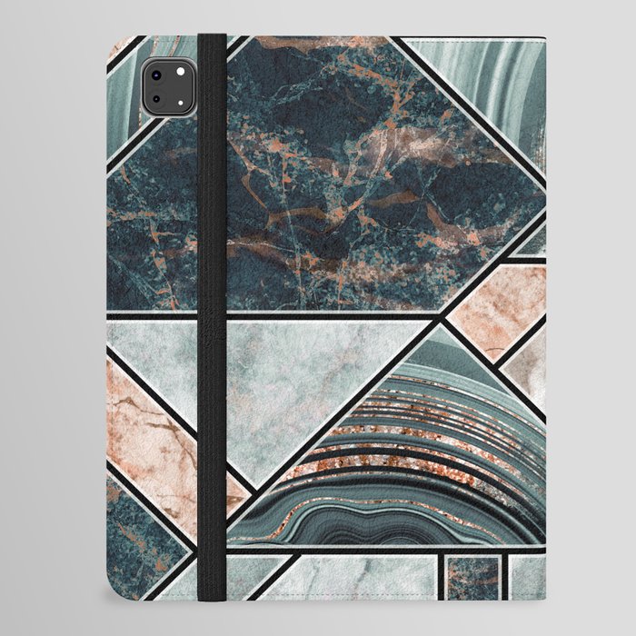 Art Deco Teal + Rose Gold Abstract Marble Geometry iPad Folio Case