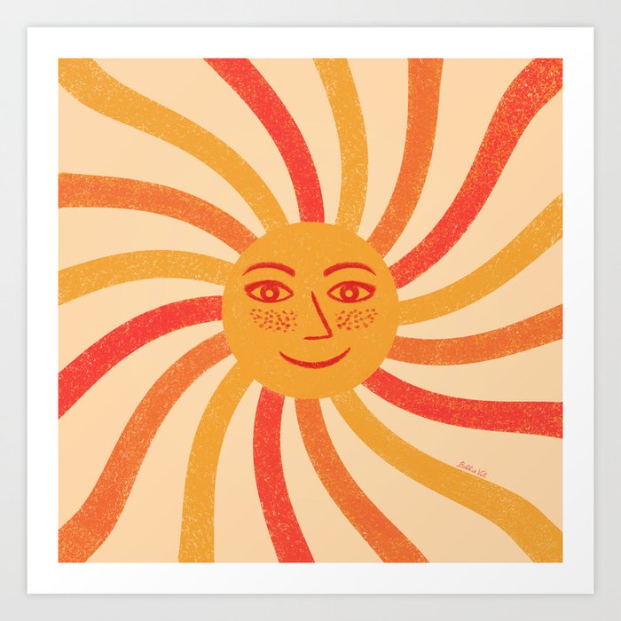 Retro Happy Sun Face, Vintage Sunshine, Orange, Red, Gold Art Print