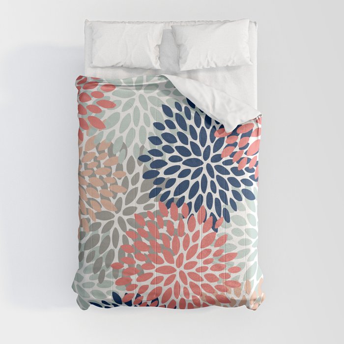 Festive, Flowers Print, Blue, Coral, Aqua, Gray Comforter