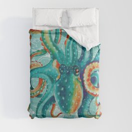 Teal Octopus On Light Teal Vintage Map Comforter