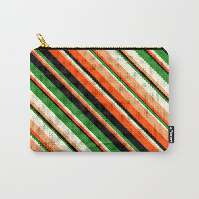 Vibrant Forest Green, Beige, Brown, Red & Black Colored Lines Pattern Carry-All Pouch
