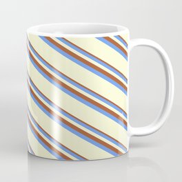 [ Thumbnail: Sienna, Cornflower Blue & Light Yellow Colored Striped/Lined Pattern Coffee Mug ]