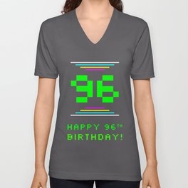 [ Thumbnail: 96th Birthday - Nerdy Geeky Pixelated 8-Bit Computing Graphics Inspired Look V Neck T Shirt V-Neck T-Shirt ]