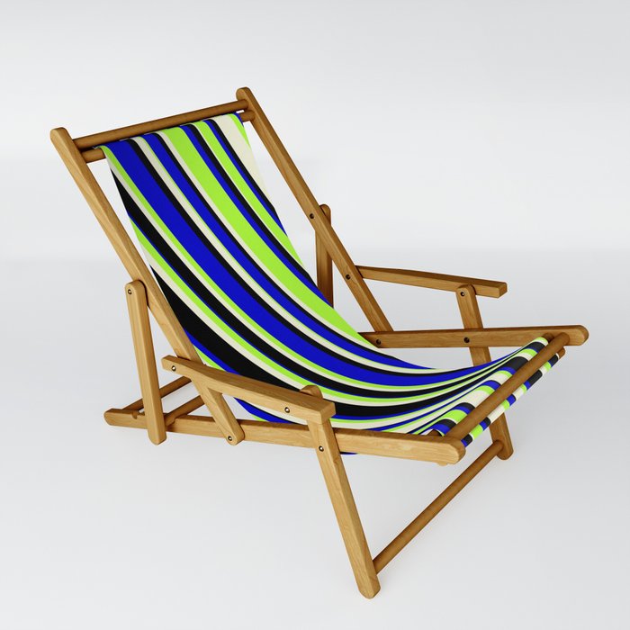 Blue, Light Green, Beige & Black Colored Lines/Stripes Pattern Sling Chair