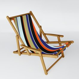 [ Thumbnail: Colorful Dark Khaki, Midnight Blue, Light Cyan, Black & Red Colored Lined/Striped Pattern Sling Chair ]