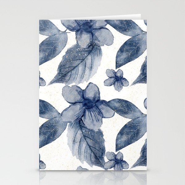 Navy Blue Watercolor Floral Pattern Stationery Cards