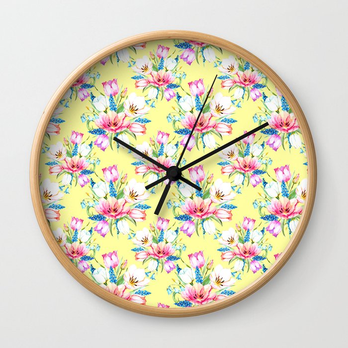 spring tulips on soft yellow background Wall Clock
