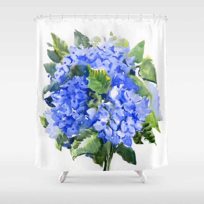 Hydrangea Flowers, floral sky blue soft green Sage colored art Shower Curtain