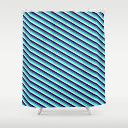 [ Thumbnail: Dim Gray, Aqua, Beige & Dark Blue Colored Pattern of Stripes Shower Curtain ]