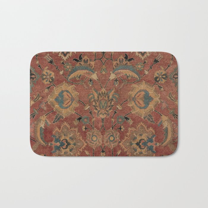 Flowery Boho Rug IV // 17th Century Distressed Colorful Red Navy Blue Burlap Tan Ornate Accent Patte Bath Mat
