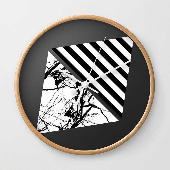 Stripes N Marble 3 - Abstract Black and white stripes and marble textured triangles on metallic Wall Clock