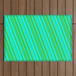 [ Thumbnail: Cyan & Lime Green Colored Lined Pattern Outdoor Rug ]