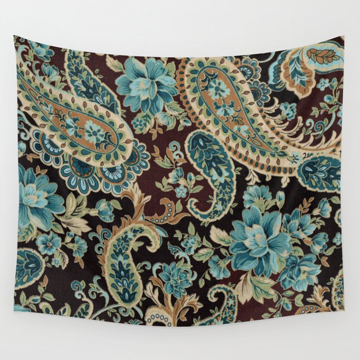 Brown Turquoise Paisley Floral Wall Tapestry