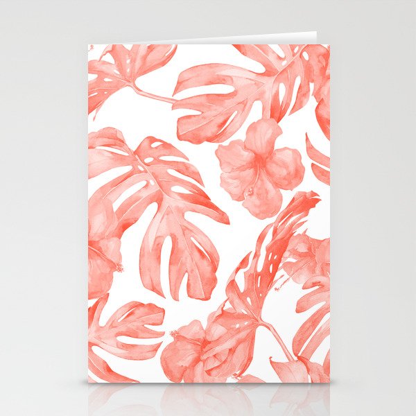 Tropical Hibiscus and Palm Leaves Dark Coral White Stationery Cards