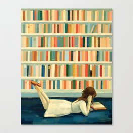 I Saw Her In the Library Canvas Print | Books, Vintage, Library, Painting, Colorful, Girl, Curated, Writer, Acrylic, Reading 