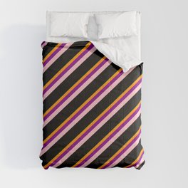 [ Thumbnail: Eyecatching Green, Dark Orange, Purple, Pink & Black Colored Lines Pattern Comforter ]