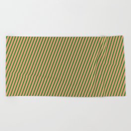 [ Thumbnail: Forest Green and Dark Salmon Colored Striped Pattern Beach Towel ]