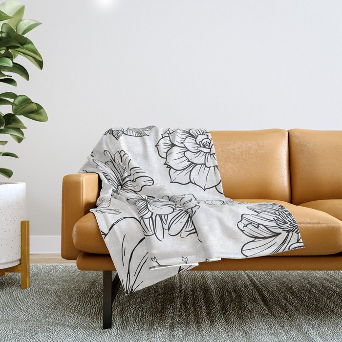 Flower Pattern Black and White Floral Throw Blanket