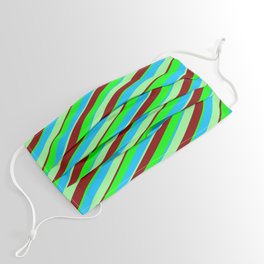 [ Thumbnail: Maroon, Lime, Deep Sky Blue, and Green Colored Stripes Pattern Face Mask ]