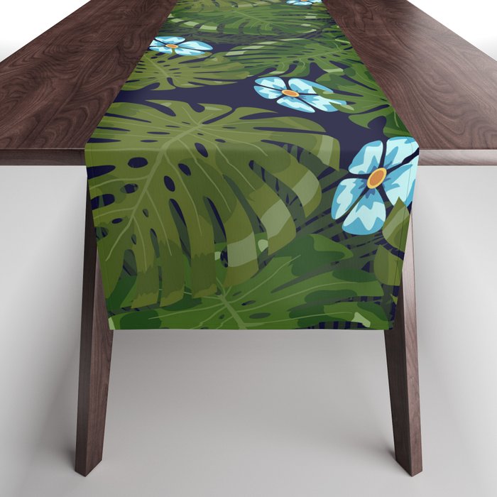 Monstera and Zinnia Blue Pattern Table Runner
